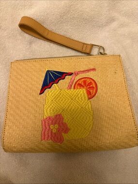Talbots Straw Wristlet with Tropical Embroidery - Yellow & Blue